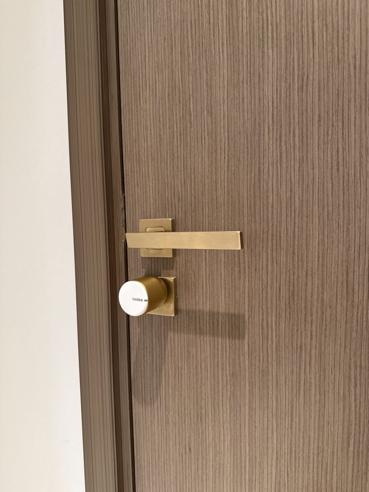 Tedee PRO in gold on a dark door